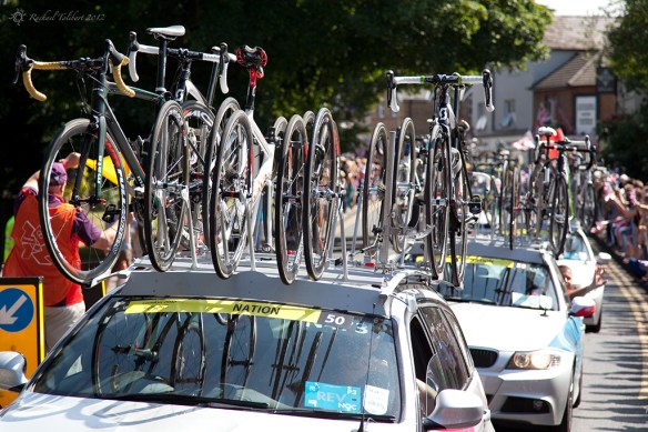 Cavalcade of support vehicles for Olympic road race 2012